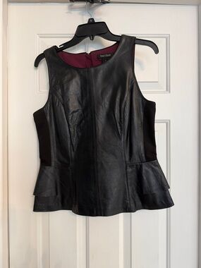 Black Leather Peplum Shell Top with Burgundy Lining